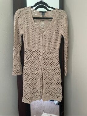 52 Weekends Beige Crochet Openwork Long Cardigan
